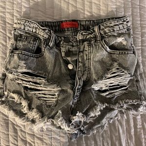 Gray distressed denim shorts